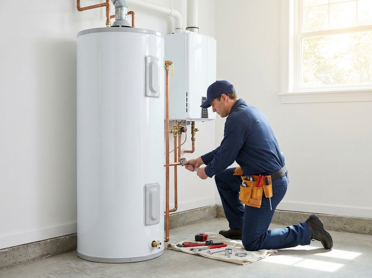 Licensed plumber servicing a water heater in St. Joseph, MO